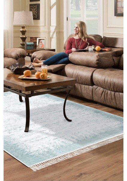 Dijital Salon Halısı Yıldız Deri Kaymaz Taban Saçaklı Modern Evelina Mavi