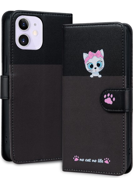 iPhone 12 Sevimli Hayvan Desenli Kart Yuvalı Cüzdan Kılıfı (Yurt Dışından)