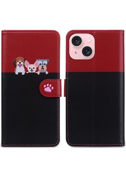 iPhone 15 Sevimli Hayvan Desenli Kart Yuvalı Cüzdan Kılıfı (Yurt Dışından)