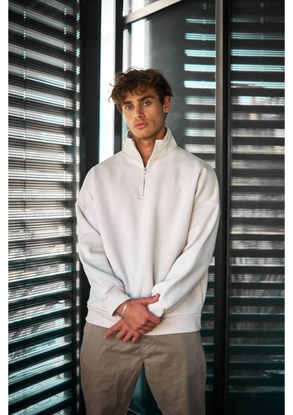 Erkek Içi Polarlı Fermuarlı Dik Yaka Sweatshirt