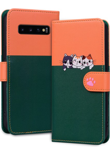 Samsung Galaxy S10 Plus Sevimli Hayvan Desenli Kart Yuvalı Cüzdan Kılıfı (Yurt Dışından)