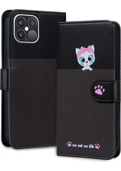 iPhone 12 Pro Sevimli Hayvan Desenli Kart Yuvalı Cüzdan Kılıfı (Yurt Dışından)
