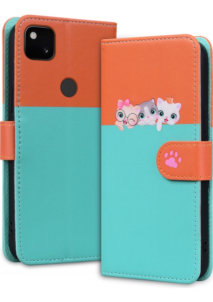 Google Pixel 4A Sevimli Hayvan Desenli Kart Yuvalı Cüzdan Kılıfı (Yurt Dışından)