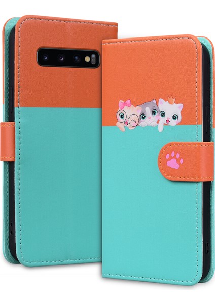 Samsung Galaxy S10 Plus Sevimli Hayvan Desenli Kart Yuvalı Cüzdan Kılıfı (Yurt Dışından)