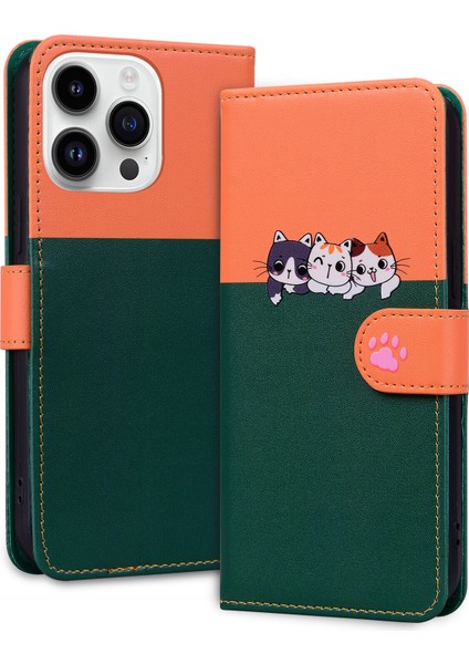iPhone 14 Pro Sevimli Hayvan Desenli Kart Yuvalı Cüzdan Kılıfı (Yurt Dışından)