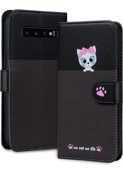 Samsung Galaxy S10 Plus Sevimli Hayvan Desenli Kart Yuvalı Cüzdan Kılıfı (Yurt Dışından)