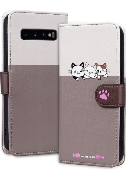 Samsung Galaxy S10 Plus Sevimli Hayvan Desenli Kart Yuvalı Cüzdan Kılıfı (Yurt Dışından)