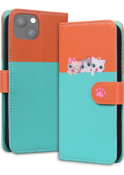 iPhone 13 Mini Sevimli Hayvan Desenli Kart Yuvalı Cüzdan Kılıfı (Yurt Dışından)