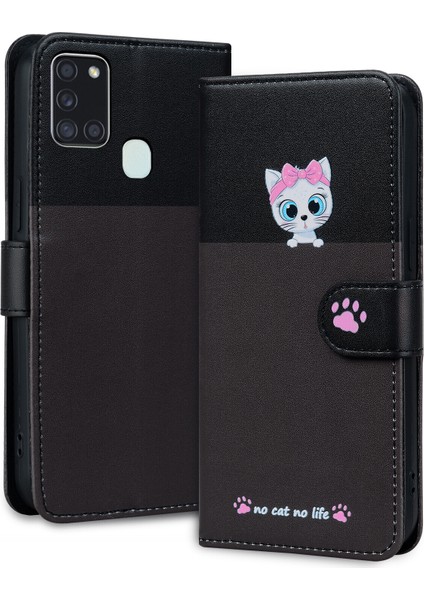Samsung Galaxy A21S Sevimli Hayvan Desenli Kart Yuvalı Cüzdan Kılıfı (Yurt Dışından)
