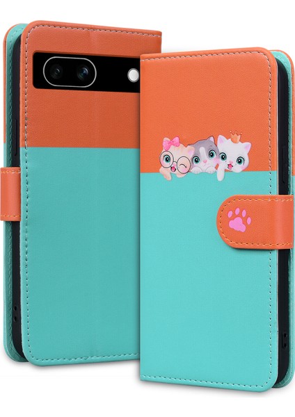 Google Pixel 7A Sevimli Hayvan Desenli Kart Yuvalı Cüzdan Kılıfı (Yurt Dışından)