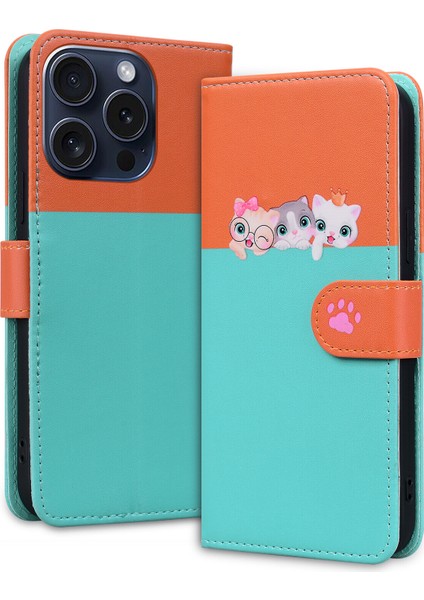 iPhone 15 Pro Max Sevimli Hayvan Desenli Kart Yuvalı Cüzdan Kılıfı (Yurt Dışından)
