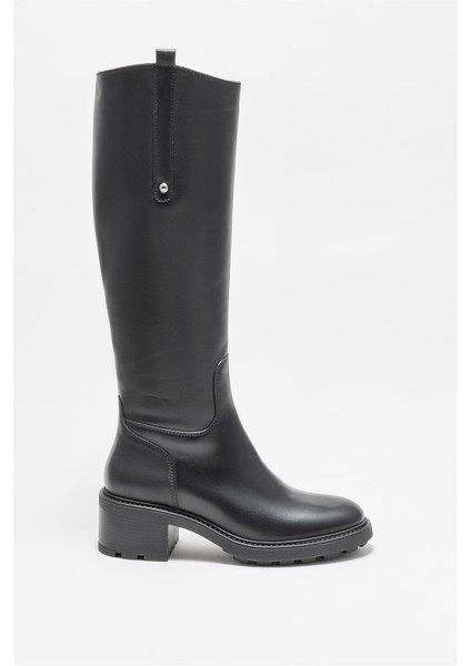 Siyah Deri Kadın Topuklu Çizme