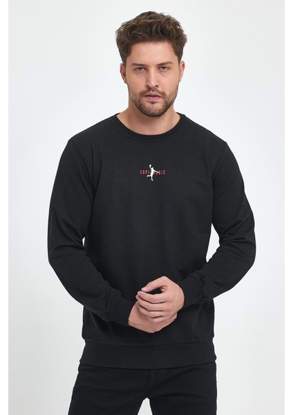 Erkek Siyah Bisiklet Nakış Detaylı Regular Fit Sweatshirt