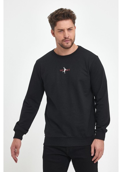 Erkek Siyah Bisiklet Nakış Detaylı Regular Fit Sweatshirt