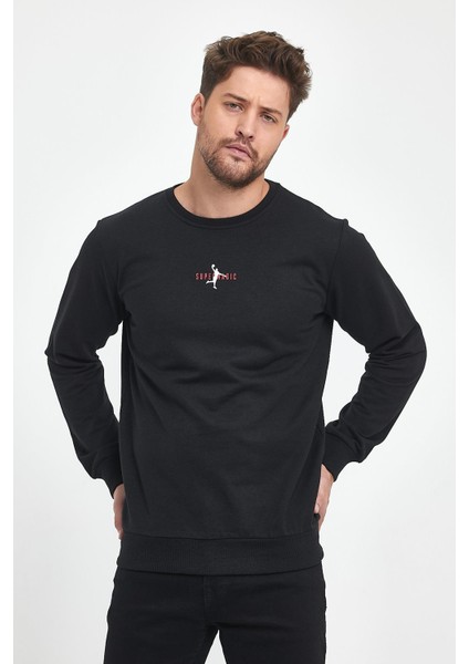 Erkek Siyah Bisiklet Nakış Detaylı Regular Fit Sweatshirt