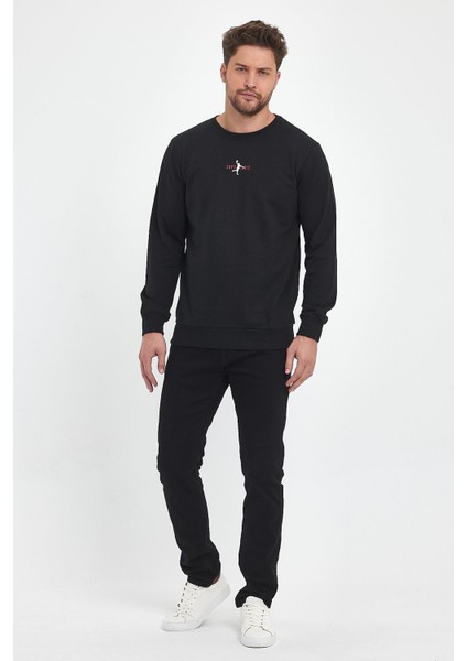 Erkek Siyah Bisiklet Nakış Detaylı Regular Fit Sweatshirt