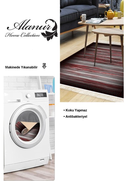 Dijital Salon Halısı Yıldız Deri Kaymaz Taban Saçaklı Modern Sharona Siyah Bordo