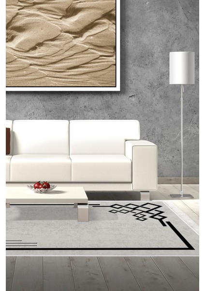 Dijital Salon Halısı Yıldız Deri Kaymaz Taban Saçaklı Modern Agnese Gri Siyah