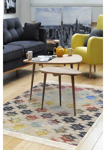 Dijital Salon Halısı Yıldız Deri Kaymaz Taban Saçaklı Modern Cyan Renkli