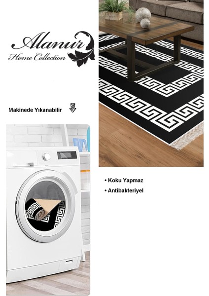 Dijital Salon Halısı Yıldız Deri Kaymaz Taban Saçaklı Modern Starr Siyah