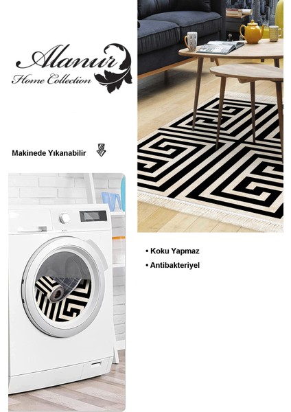 Dijital Salon Halısı Star Pamuk Kaymaz Taban Saçaklı Modern Jem Siyah modelleri