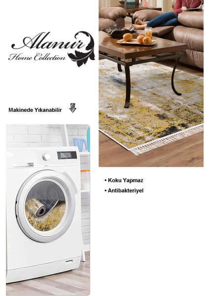 Dijital Salon Halısı Star Pamuk Kaymaz Taban Saçaklı Modern Landen Hardal modelleri