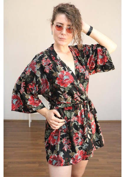 Unisex Yakma Kadife Kumaş Kısa Kimono Ceket