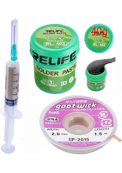 Relıfe RL-402 Krem Lehim Solder Paste 183°C Noclean SN63/PB67 40G Lehim Toplama CP-2015 Emme Teli 2 mm