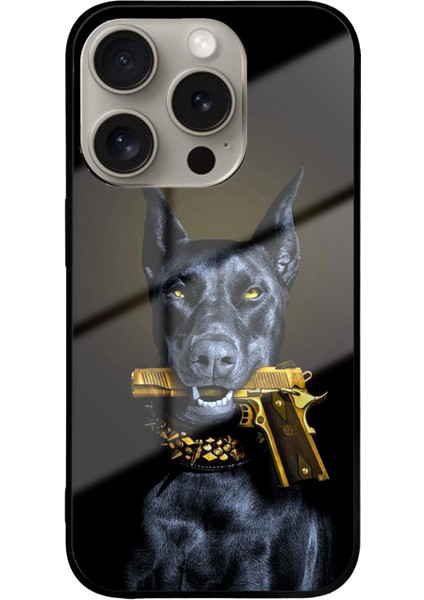 Apple iPhone 15 Pro ile Uyumlu Silikon Arkası Cam Kapak Doberman Tasarımlı Cam Kılıf