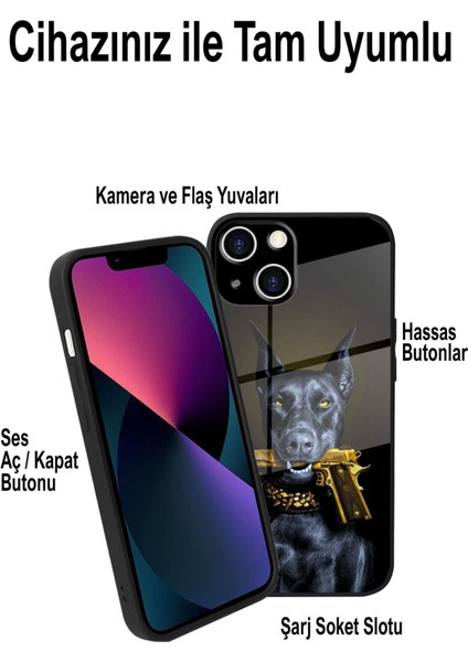 Apple iPhone 15 Pro ile Uyumlu Silikon Arkası Cam Kapak Doberman Tasarımlı Cam Kılıf modelleri