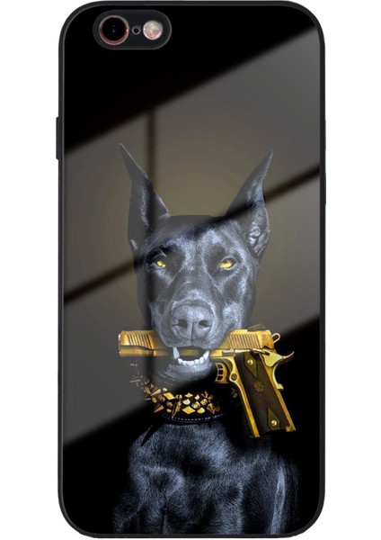 Apple iPhone 6s ile Uyumlu Silikon Arkası Cam Kapak Doberman Tasarımlı Cam Kılıf