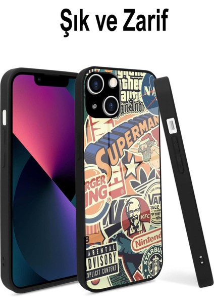 Apple iPhone 15 Pro ile Uyumlu Silikon Arkası Cam Kapak Kolaj Tasarımlı Cam Kılıf fırsatları