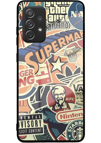 Samsung Galaxy A72 ile Uyumlu Silikon Arkası Cam Kapak Kolaj Tasarımlı Cam Kılıf