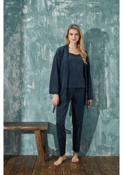 Kadın Fransız Kadife Lacivert Sabahlıklı 3'Lü Pijama Takımı fiyatları