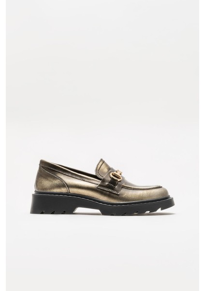 Gold Deri Kadın Loafer