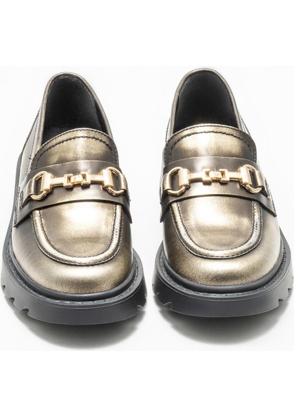 Gold Deri Kadın Loafer modelleri