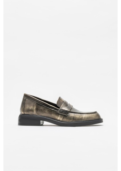 Gold Deri Kadın Loafer