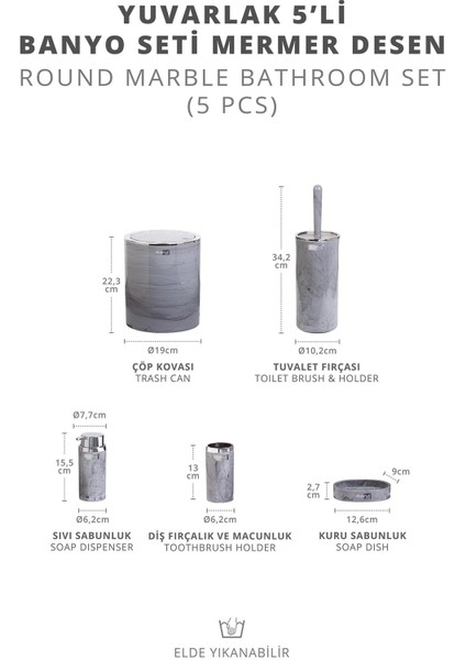 Okyanus Home Kromlu Yuvarlak Mermer Desenli 5'li Banyo Seti
