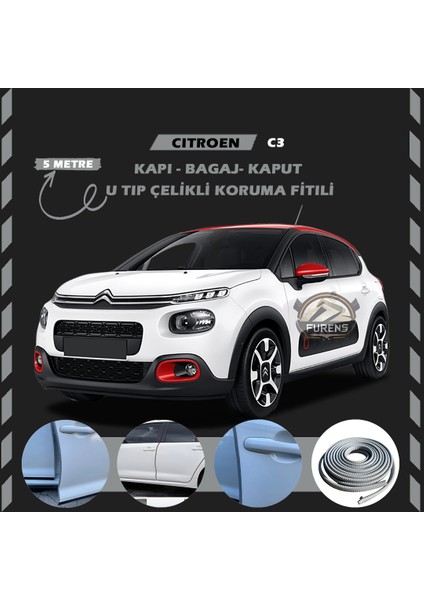 Citroen C3 Oto Araç Kapı Koruma Fitili 5metre Parlak Gri Renk