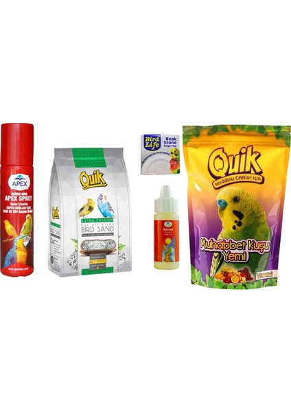 Aquapetshop Muhabbet Kuşu Yem & Bakım Seti 5'li Paket - Muhabbet Kuşu Yemi - Sprey - Multi Vitamin - Kuş Kumu - Gaga Taşı