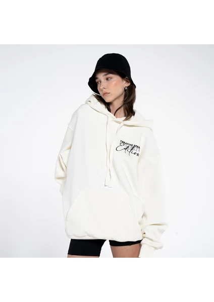 Friday Offset Teo Kadın Beyaz Kanguru Cepli Kapüşonlu Şardonlu Oversize Sweatshirt Hoodie