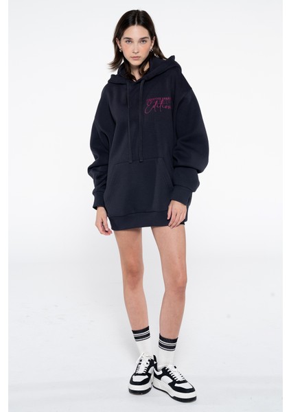 Friday Offset Teo Kadın Koyu Mavi Kanguru Cepli Kapüşonlu Şardonlu Oversize Sweatshirt Hoodie