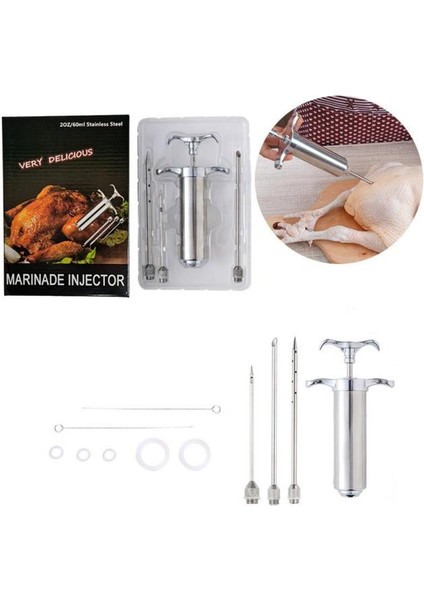 Gümüş 2oz 2oz Barbekü Et Şırıngası Marinade Enjektörleri 3 Paslanmaz Çelik Iğneler ile Hindi Tavuk Şırınga Sos Enjeksiyonu Mutfak Et Araçları (Yurt Dışından)
