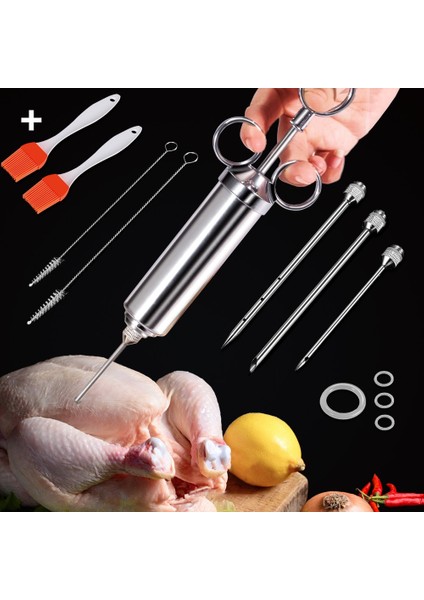 Siyah 2 Oz Et Enjektörü 304 Paslanmaz Çelik, 3 Profesyonel Iğneli, 2 Silikon Fırçalı Barbekü Enjektör Şırıngası, Turşu Et Enjektörü (Yurt Dışından)
