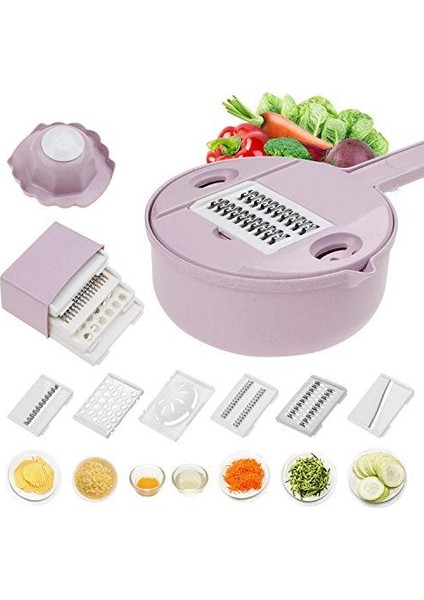 Mor 12 Parçalı Set Mandoline Dilimleyici Kesici Kıyıcı Sebze Kesici Rende Yuvarlak Mutfak Çok Fonksiyonlu Parçalama Rende Meyve Soyucu Yıkama Sızıntı Havzası (Yurt Dışından)