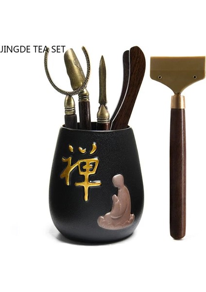 O Çay Töreni Altı Beyefendi Seramik Teaware Araç Seti Siyah Sandal Ağacı Çay Bıçağı Çay Tutucu Gereçler Çin Çay Seti Aksesuarları (Yurt Dışından)