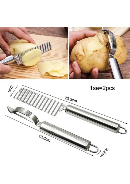S6 2 Adet Paslanmaz Çelik Patates Cipsi Dilimleme Hamur Sebze Meyve Buruşuk Dalgalı Mutfak Bıçağı Patates Kesici Kıyıcı Fransız Kızartma Makinesi Araçları (Yurt Dışından)