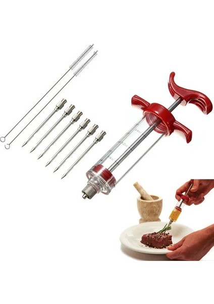 Kırmızı 6iğne 2fırça 20ML/50ML/100ML Et Enjektörü 304 Paslanmaz Çelik Baharat Enjektörü - Marine Enjektör Şırıngası (Yurt Dışından)