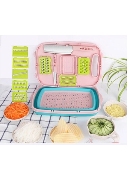 9 In 1 Pembe Set 9'u 1 Arada Kesme Tahtası Katlanabilir Meyve ve Sebze Filtre Havzası Dilimleme Kesici Kamp Kesme Tahtası Seti Mutfak Küçük Aletler (Yurt Dışından)