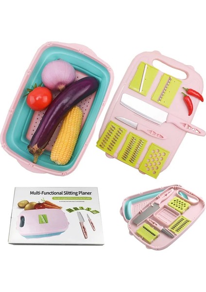 9 In 1 Pembe Set 9'u 1 Arada Kesme Tahtası Katlanabilir Meyve ve Sebze Filtre Havzası Dilimleme Kesici Kamp Kesme Tahtası Seti Mutfak Küçük Aletler (Yurt Dışından)